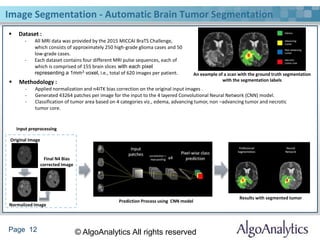 Page 12 © AlgoAnalytics All rights reserved
Image Segmentation - Automatic Brain Tumor Segmentation
 Dataset :
- All MRI data was provided by the 2015 MICCAI BraTS Challenge,
which consists of approximately 250 high-grade glioma cases and 50
low-grade cases.
- Each dataset contains four different MRI pulse sequences, each of
which is comprised of 155 brain slices with each pixel
representing a 1mm3 voxel, i.e., total of 620 images per patient. An example of a scan with the ground truth segmentation
with the segmentation labels
Original Image
Normalized Image
Final N4 Bias
corrected Image
Input preprocessing
 Methodology :
- Applied normalization and n4ITK bias correction on the original input images .
- Generated 43264 patches per image for the input to the 4 layered Convolutional Neural Network (CNN) model.
- Classification of tumor area based on 4 categories viz., edema, advancing tumor, non –advancing tumor and necrotic
tumor core.
Prediction Process using CNN model
Results with segmented tumor
 