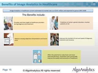 Page 15 © AlgoAnalytics All rights reserved
Benefits of Image Analytics in Healthcare
Provides real-time insight to healthcare providers
during diagnosis and treatment
Improves the standard of care and speed of diagnosis,
treatment and recovery
Reduces varying subjective interpretation and human
error
Offers the potential to make faster and more
informed decisions, streamline costs and broadly
improve the quality and economics of healthcare
Prediction of certain genetic disorders, monitor
patients at risk
Image Analytics in healthcare current estimated US market size is at $141 million and expected to grow at 8% CAGR
The Benefits include:
 