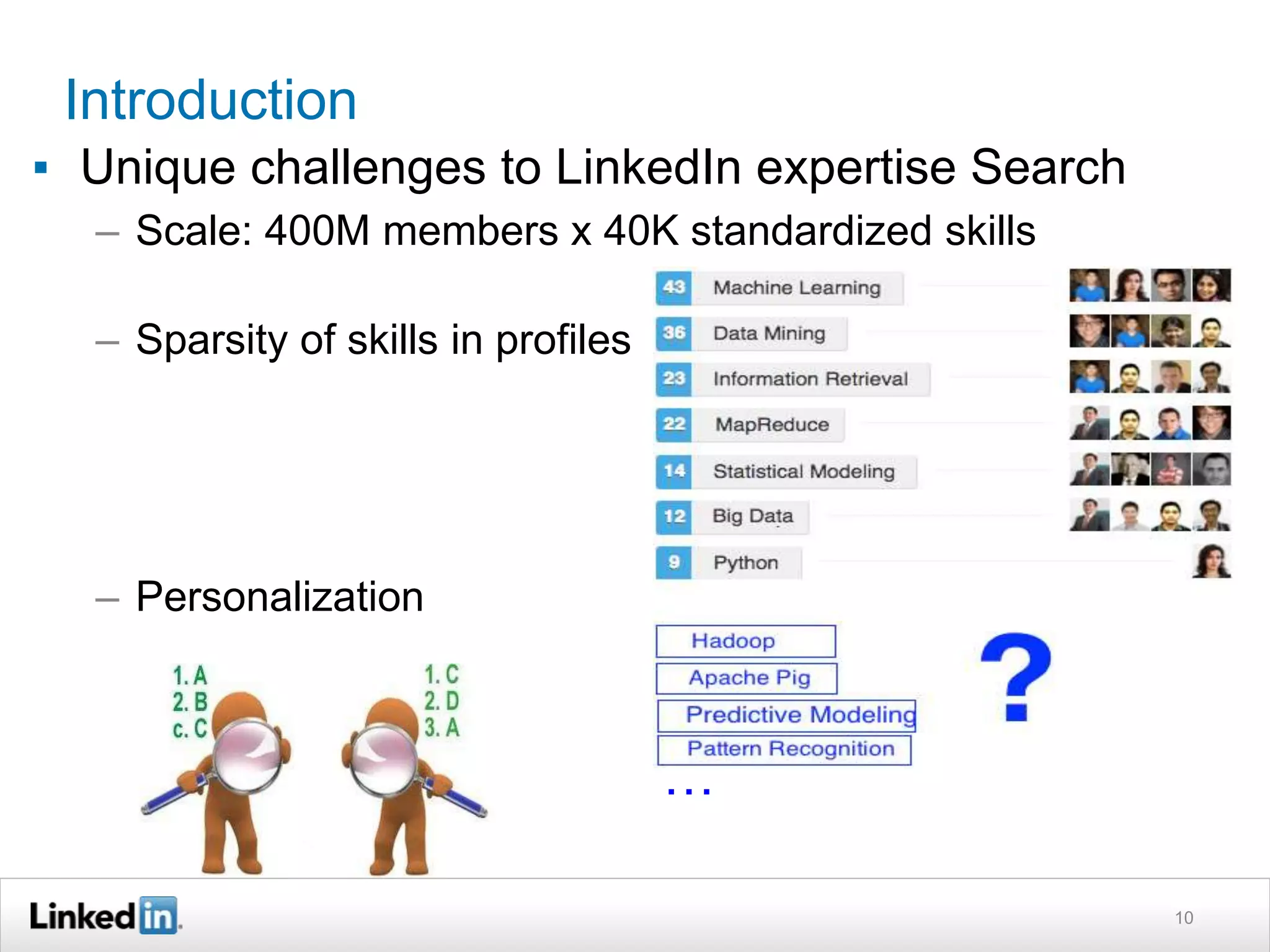 Introduction
▪ Unique challenges to LinkedIn expertise Search
– Scale: 400M members x 40K standardized skills
– Sparsity of skills in profiles
– Personalization
10
…
 