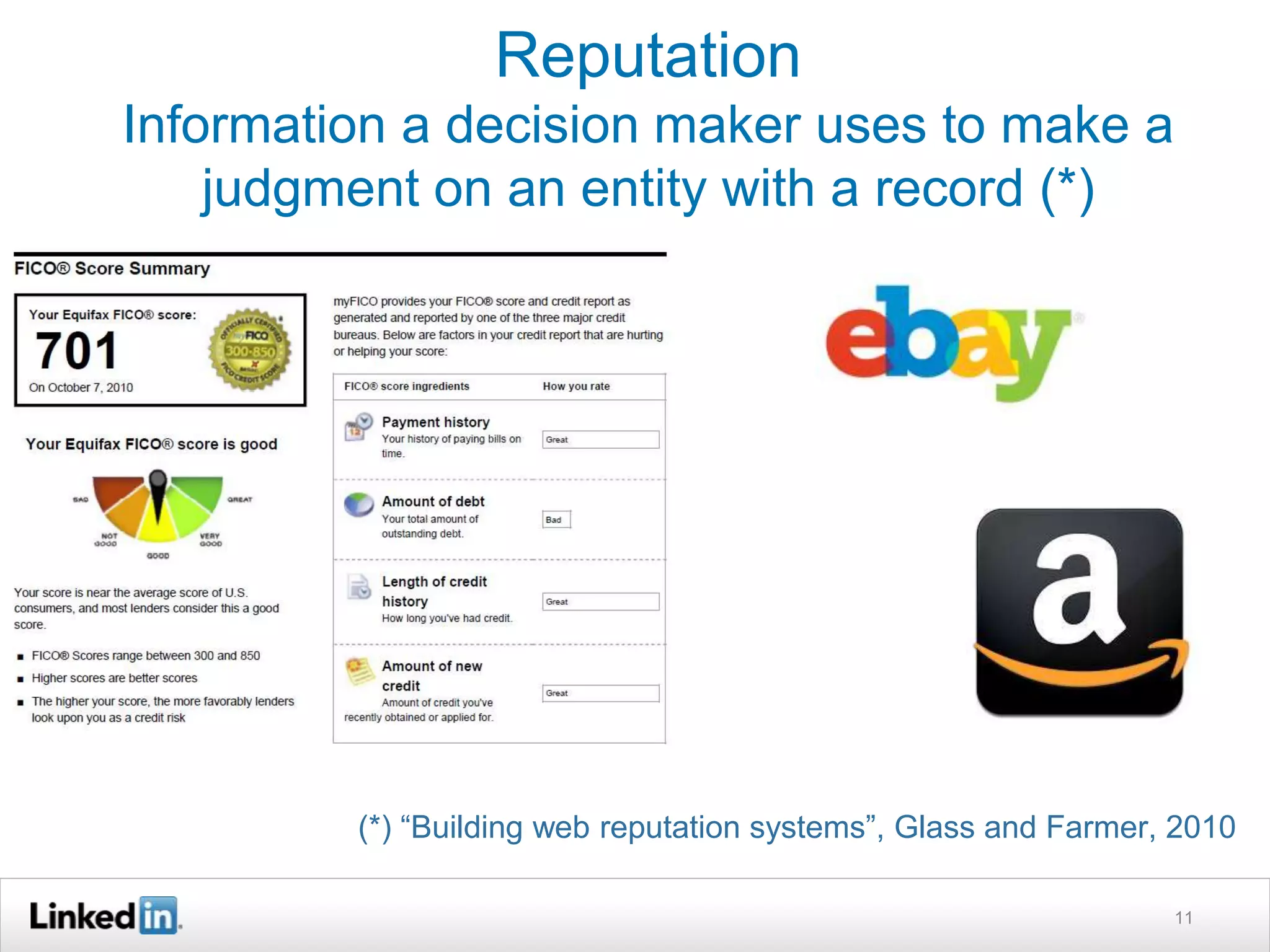 Reputation
Information a decision maker uses to make a
judgment on an entity with a record (*)
11
(*) “Building web reputation systems”, Glass and Farmer, 2010
 
