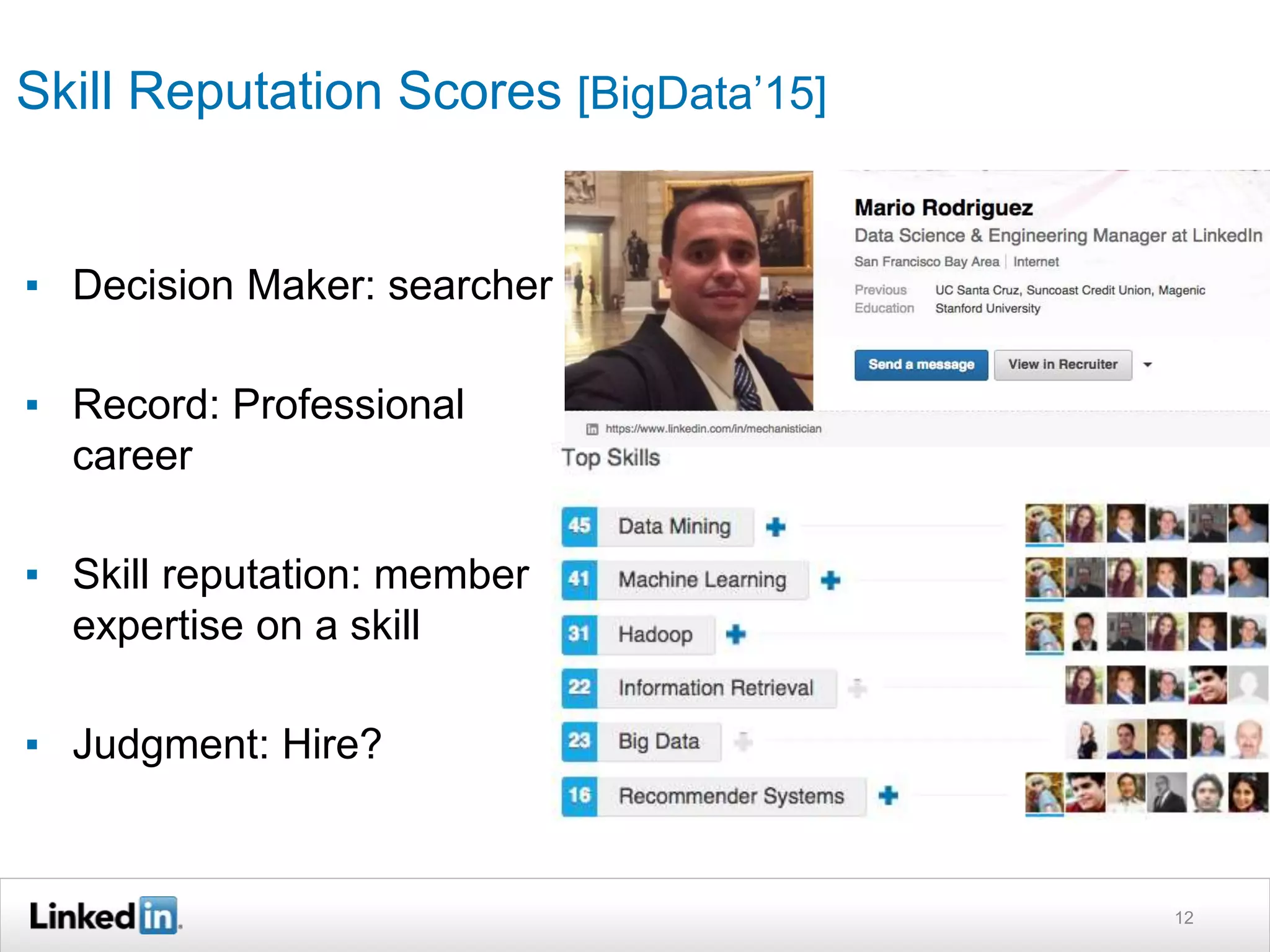 Skill Reputation Scores [BigData’15]
12
▪ Decision Maker: searcher
▪ Record: Professional
career
▪ Skill reputation: member
expertise on a skill
▪ Judgment: Hire?
 