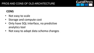 PROS AND CONS OF OLD ARCHITECTURE
• Not easy to scale
• Storage and compute cost
• Only have SQL interface, no predictive
analytics tool
• Not easy to adapt data schema changes
CONS
 