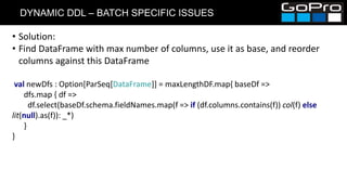 DYNAMIC DDL – BATCH SPECIFIC ISSUES
• Solution:
• Find DataFrame with max number of columns, use it as base, and reorder
columns against this DataFrame
val newDfs : Option[ParSeq[DataFrame]] = maxLengthDF.map{ baseDf =>
dfs.map { df =>
df.select(baseDf.schema.fieldNames.map(f => if (df.columns.contains(f)) col(f) else
lit(null).as(f)): _*)
}
}
 