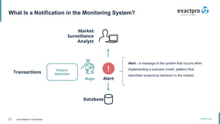13 Build Software to Test Software
exactpro.com
What Is a Notification in the Monitoring System?
Market
Surveillance
Analyst
Alert - a message in the system that occurs when
implementing a scenario (mold, pattern) that
describes suspicious behavior in the market.
!
!
!
!
Alert
Database
Magic
Pattern
Detection
Pattern
DetectionTransactions
!!!!
 