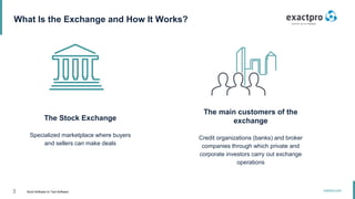 3 Build Software to Test Software
exactpro.com
What Is the Exchange and How It Works?
The main customers of the
exchange
Credit organizations (banks) and broker
companies through which private and
corporate investors carry out exchange
operations
The Stock Exchange
Specialized marketplace where buyers
and sellers can make deals
 