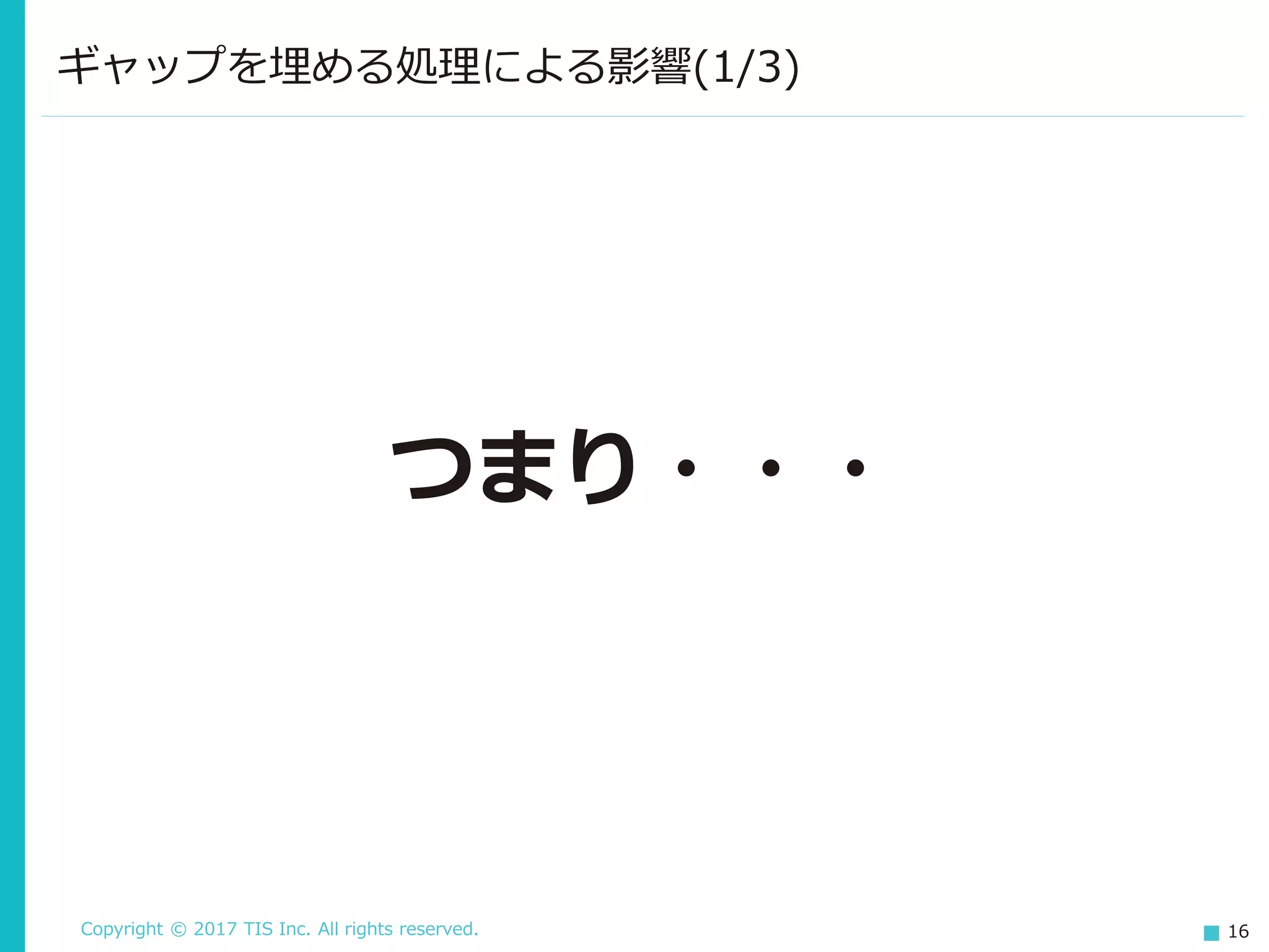 Copyright © 2017 TIS Inc. All rights reserved. 16
ギャップを埋める処理による影響(1/3)
つまり・・・
 