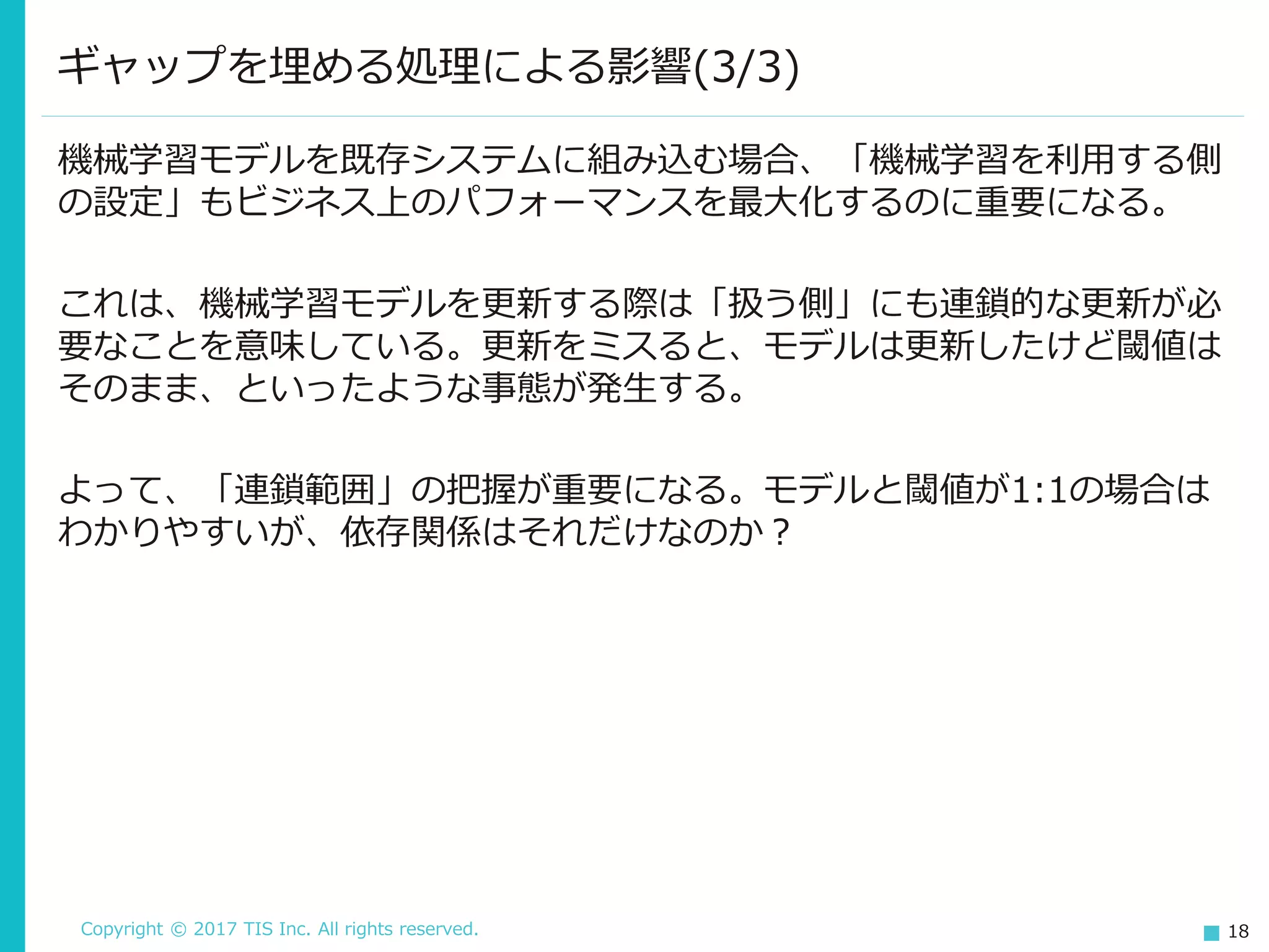 Copyright © 2017 TIS Inc. All rights reserved. 18
機械学習モデルを既存システムに組み込む場合、「機械学習を利用する側
の設定」もビジネス上のパフォーマンスを最大化するのに重要になる。
これは、機械学習モデルを更新する際は「扱う側」にも連鎖的な更新が必
要なことを意味している。更新をミスると、モデルは更新したけど閾値は
そのまま、といったような事態が発生する。
よって、「連鎖範囲」の把握が重要になる。モデルと閾値が1:1の場合は
わかりやすいが、依存関係はそれだけなのか？
ギャップを埋める処理による影響(3/3)
 