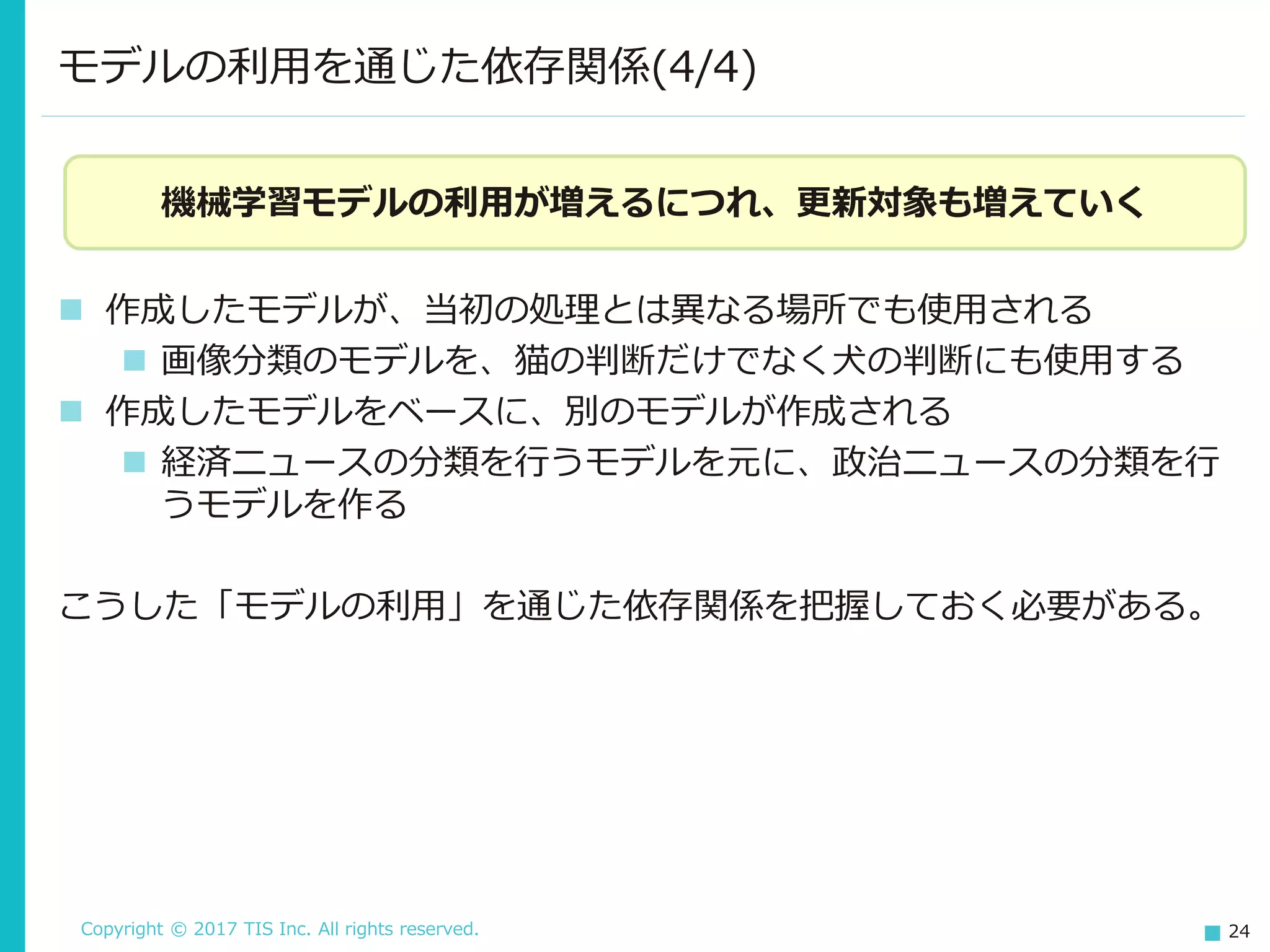 Copyright © 2017 TIS Inc. All rights reserved. 24
 作成したモデルが、当初の処理とは異なる場所でも使用される
 画像分類のモデルを、猫の判断だけでなく犬の判断にも使用する
 作成したモデルをベースに、別のモデルが作成される
 経済ニュースの分類を行うモデルを元に、政治ニュースの分類を行
うモデルを作る
こうした「モデルの利用」を通じた依存関係を把握しておく必要がある。
モデルの利用を通じた依存関係(4/4)
機械学習モデルの利用が増えるにつれ、更新対象も増えていく
 