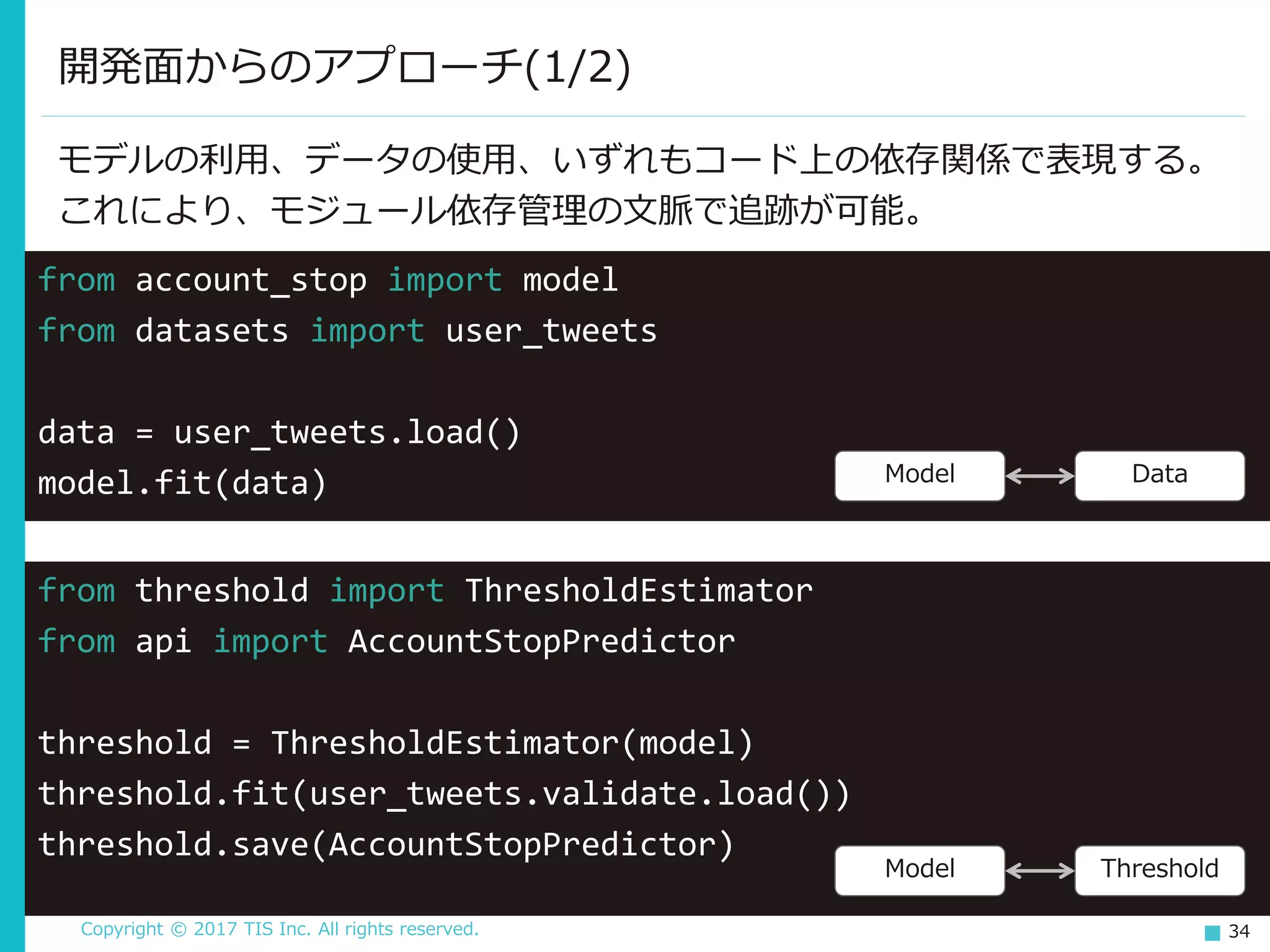 Copyright © 2017 TIS Inc. All rights reserved. 34
モデルの利用、データの使用、いずれもコード上の依存関係で表現する。
これにより、モジュール依存管理の文脈で追跡が可能。
開発面からのアプローチ(1/2)
from account_stop import model
from datasets import user_tweets
data = user_tweets.load()
model.fit(data)
from threshold import ThresholdEstimator
from api import AccountStopPredictor
threshold = ThresholdEstimator(model)
threshold.fit(user_tweets.validate.load())
threshold.save(AccountStopPredictor)
Model Data
Model Threshold
 