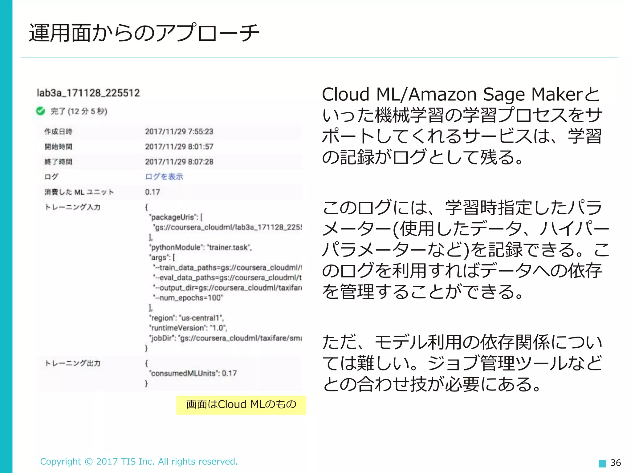 Copyright © 2017 TIS Inc. All rights reserved. 36
運用面からのアプローチ
画面はCloud MLのもの
Cloud ML/Amazon Sage Makerと
いった機械学習の学習プロセスをサ
ポートしてくれるサービスは、学習
の記録がログとして残る。
このログには、学習時指定したパラ
メーター(使用したデータ、ハイパー
パラメーターなど)を記録できる。こ
のログを利用すればデータへの依存
を管理することができる。
ただ、モデル利用の依存関係につい
ては難しい。ジョブ管理ツールなど
との合わせ技が必要にある。
 