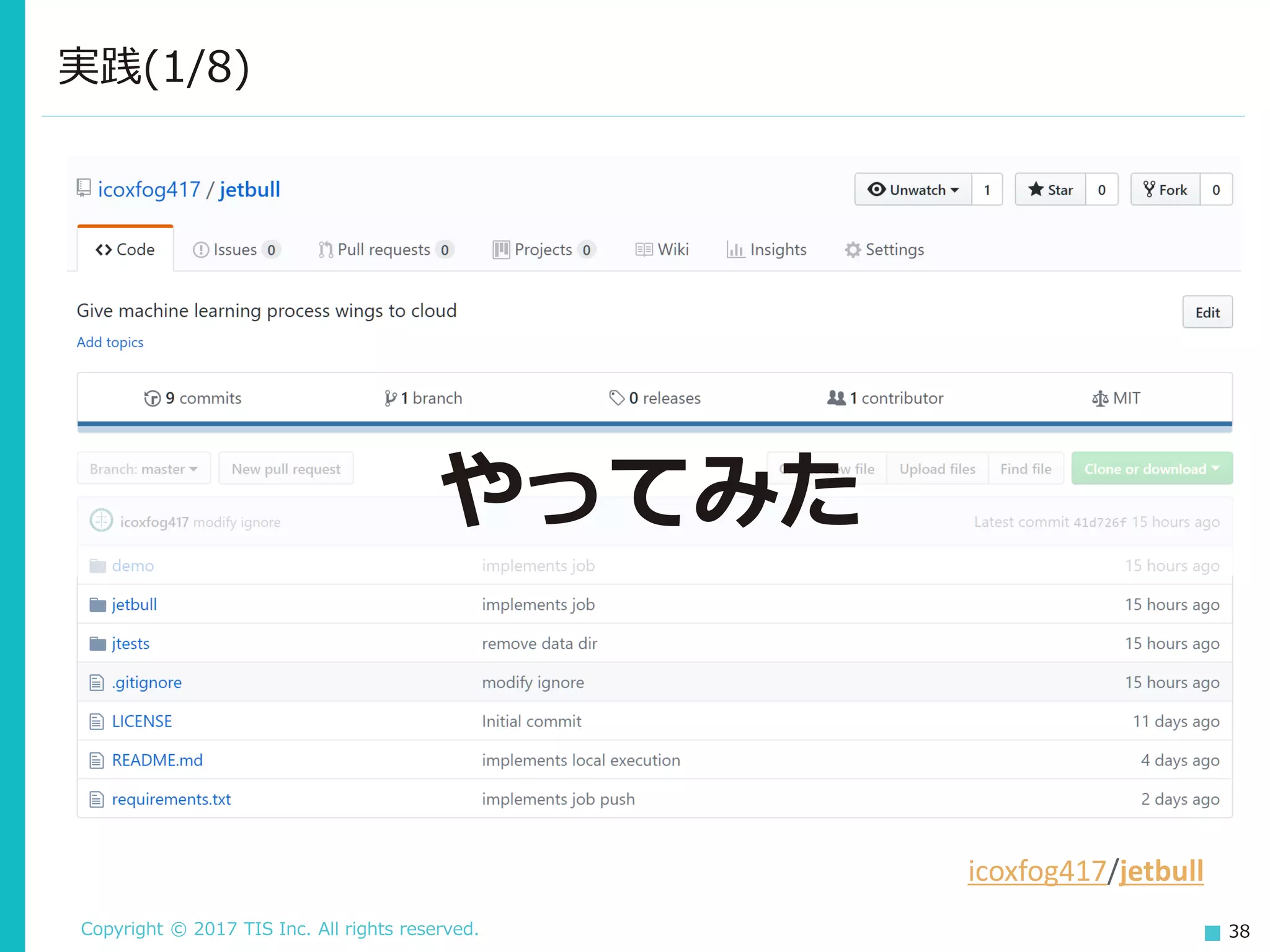 Copyright © 2017 TIS Inc. All rights reserved. 38
やってみた
実践(1/8)
icoxfog417/jetbull
 