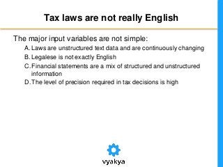 Tax laws are not really English
The major input variables are not simple:
A. Laws are unstructured text data and are continuously changing
B. Legalese is not exactly English
C.Financial statements are a mix of structured and unstructured
information
D.The level of precision required in tax decisions is high
 