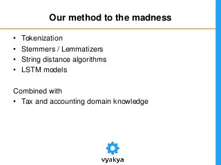 Our method to the madness
• Tokenization
• Stemmers / Lemmatizers
• String distance algorithms
• LSTM models
Combined with
• Tax and accounting domain knowledge
 