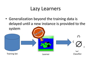 Lazy Learners
• Generalization beyond the training data is
  delayed until a new instance is provided to the
  system




Training Set          Learner            Classifier
 