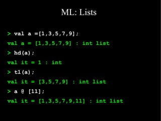 ML: Lists

> val a =[1,3,5,7,9];
val a = [1,3,5,7,9] : int list
> hd(a);
val it = 1 : int
> tl(a);
val it = [3,5,7,9] : int list
> a @ [11];
val it = [1,3,5,7,9,11] : int list
 