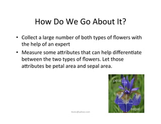 How	
  Do	
  We	
  Go	
  About	
  It?	
  
•  Collect	
  a	
  large	
  number	
  of	
  both	
  types	
  of	
  ﬂowers	
  with	
  
the	
  help	
  of	
  an	
  expert	
  
•  Measure	
  some	
  a7ributes	
  that	
  can	
  help	
  diﬀeren)ate	
  
between	
  the	
  two	
  types	
  of	
  ﬂowers.	
  Let	
  those	
  
a7ributes	
  be	
  petal	
  area	
  and	
  sepal	
  area.	
  	
  
iksinc@yahoo.com	
  
 