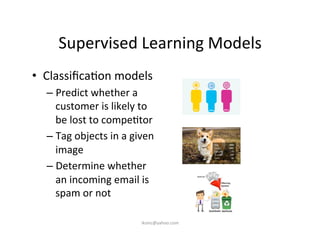 Supervised	
  Learning	
  Models	
  
•  Classiﬁca)on	
  models	
  
– Predict	
  whether	
  a	
  
customer	
  is	
  likely	
  to	
  
be	
  lost	
  to	
  compe)tor	
  
– Tag	
  objects	
  in	
  a	
  given	
  
image	
  
– Determine	
  whether	
  
an	
  incoming	
  email	
  is	
  
spam	
  or	
  not	
  
iksinc@yahoo.com	
  
 