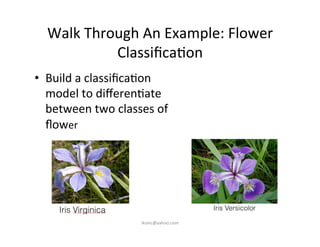 Walk	
  Through	
  An	
  Example:	
  Flower	
  
Classiﬁca)on	
  
•  Build	
  a	
  classiﬁca)on	
  
model	
  to	
  diﬀeren)ate	
  
between	
  two	
  classes	
  of	
  
ﬂower	
  
iksinc@yahoo.com	
  
 