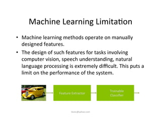Machine	
  Learning	
  Limita)on	
  
•  Machine	
  learning	
  methods	
  operate	
  on	
  manually	
  
designed	
  features.	
  	
  
•  The	
  design	
  of	
  such	
  features	
  for	
  tasks	
  involving	
  
computer	
  vision,	
  speech	
  understanding,	
  natural	
  
language	
  processing	
  is	
  extremely	
  diﬃcult.	
  This	
  puts	
  a	
  
limit	
  on	
  the	
  performance	
  of	
  the	
  system.	
  
iksinc@yahoo.com	
  
Feature	
  Extractor	
  
Trainable	
  
Classiﬁer	
  
 