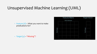 Unsupervised Machine Learning (UML)
• Feature (X) – What you want to make
predications for?
• Target (y) – “Missing”?
 
