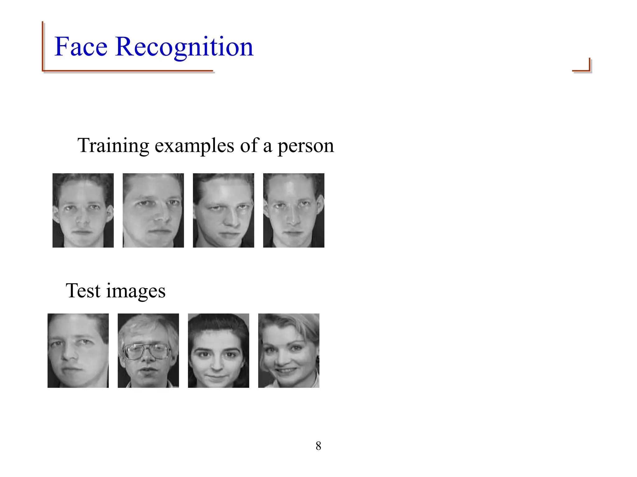 8
Face Recognition
Training examples of a person
Test images
 