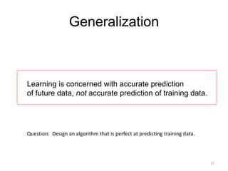 Generalization
Learning is concerned with accurate prediction
of future data, not accurate prediction of training data.
12...