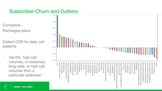 Subscriber Churn and Outliers
Complains ,
Recharges plans
Collect CDR for daily call
patterns
- identify high call
volumes, or extremely
long calls, or high call
volumes from a
particular extension
 