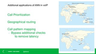 Call Prioritization
Geographical routing
Call pattern mapping
- Bypass additional checks
to remove latency
Additional applications of ANN in voIP
@altanai
 