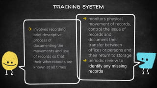 tracking system
 involves recording
brief descriptive
process of
documenting the
movements and use
of records so that
their whereabouts are
known at all times
 monitors physical
movement of records,
control the issue of
records and
document their
transfer between
offices or persons and
their return to storage
 periodic review to
identify any missing
records
 