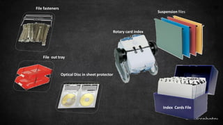 29
Suspension files
Optical Disc in sheet protector
File out tray
File fasteners
Index Cards File
Rotary card index
 