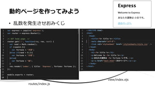 • 乱数を発生させおみくじ
動的ページを作ってみよう
routes/index.js
view/index.ejs
 