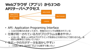 • API: Application Programing Interface
– 入出力仕様のみ決まっており、背後のロジックは隠蔽されている
• 仕様が統一されている方がプログラムは書きやすい
– とはいえ、望ましいAPIはプログラミング言語などの流行などで変わるため、永
続的な標準化には向いていない
• 生データの方がデータを活かしやすい
– 「大吉」より「0.93」のような数字で貰いたい
Webブラウザ（アプリ）から3つの
APIサーバへアクセス
Webブラウ
ザ/スマホア
プリ
MELCHIOR
BALTHASAR
CASPER
 