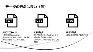 データの寿命は長い（例）
JPEG形式
1992年にITU-T勧告 T.81
CSV形式
1972年のIBM Fortran がサ
ポート（Wikipedia）
2005年にRFC4180として成
文化
ASCIIコード
1963年にAmerican
Standards Association（ASA、
後のANSI）によって制定
 