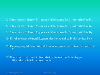 7. Untuk mencari elemen M23 geser slot horizontal ke B1 slot vertical ke K3. 
8. Untuk mencari elemen M31 geser slot horizontal ke B1 slot vertical ke K1. 
9. Untuk mencari elemen M32 geser slot horizontal ke B1 slot vertical ke K2. 
10. Untuk mencari elemen M33 geser slot horizontal ke B1 slot vertical ke K3. 
11. Elemen yang tidak tertutup slot itu merupakan hasil minor dari matriks 
A 
12. Kemudian di cari determinan dari minor matriks A, sehingga 
ditemukan adjoint dari matriks A. 
www.themegallery.com Company Logo 
 