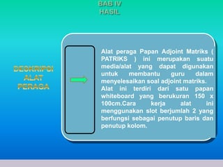 Alat peraga Papan Adjoint Matriks ( 
PATRIKS ) ini merupakan suatu 
media/alat yang dapat digunakan 
untuk membantu guru dalam 
menyelesaikan soal adjoint matriks. 
Alat ini terdiri dari satu papan 
whiteboard yang berukuran 150 x 
100cm.Cara kerja alat ini 
menggunakan slot berjumlah 2 yang 
berfungsi sebagai penutup baris dan 
penutup kolom. 
www.themegallery.co themegallery.comm Company Logo Company Logo 
 