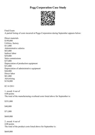 Pegg Corporation Case Study
Final Exam
A partial listing of costs incurred at Peggs Corporation during September appears below:
Direct materials
$199,000
Utilities, factory
$11,000
Administrative salaries
$83,000
Indirect labor
$29,000
Sales commissions
$37,000
Depreciation of production equipment
$31,000
Depreciation of administrative equipment
$44,000
Direct labor
$81,000
Advertising
$154,000
02 14 2011
1. award: 4 out of
4.00 points
The total of the manufacturing overhead costs listed above for September is:
$351,000
$40,000
$71,000
$669,000
2. award: 4 out of
4.00 points
The total of the product costs listed above for September is:
$669,000
 