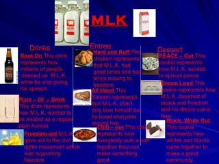 MLK Drinks Entree Dessert Root On  This drink represents how millions of people cheered on  M.L.K. while he was giving his speech. Plain – Ol’ – Drink  This drink represents how M.L.K. wanted to be treated as a regular plain human. Freedom-aid  M.L.K. gave aid to the civil rights movement which was supporting freedom. Hard and Ruff  This chicken represents that M.L.K. had good times and bad times moving to freedom. All Heart  This Salmon represents that M.L.K. didn’t only love himself but he loved everyone around him. Chill – out  This chili represents how everybody puts a part together they can make something good. PEACE – Out  This cookie represents how M.L.K. wanted to spread peace. Dream Loud  This cookie represents how M.L.K. dreamed of peace and freedom and his dream came true. Black, White Out  This cookie represents how whites and blacks came together to make a great community. 