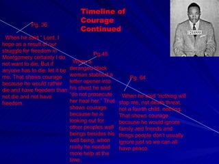 Pg. 36 When a deranged black woman stabbed a letter opener into his chest he said “do not prosecute her heal her.” That shows courage because he is looking out for other peoples well beings besides his well being, when really he needed more help at the time. When he said “ Lord, I hope as a result of our struggle for freedom in Montgomery certainly I do not want to die. But if anyone has to die, let it be me. That shows courage because he would rather die and have freedom than not die and not have freedom. Pg.48 Pg. 64 When he said “nothing will stop me, not death threat, not a fourth child, nothing. That shows courage because he would ignore family and friends and things people don’t usually ignore just so we can all have peace. Timeline of Courage Continued 