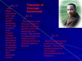 Pg. 70 When Martin Luther King said “I got so many people depending on me I got to march.” That showed courage because he was risking his life and his freedom to march for the people who depended on him. Pg. 74 When Martin Luther King   sent a letter to the police station to tell them what they were doing was wrong. That showed courage because he  stood up to the authority that did not share his beliefs in freedom.  Pg. 79 Martin Luther King lead a march for jobs and freedom. That showed courage because he was in public demonstrating what he believed in. Timeline of Courage Continued 