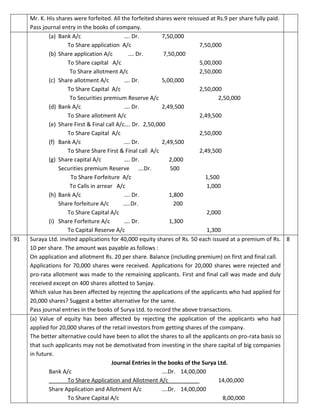 Mr. K. His shares were forfeited. All the forfeited shares were reissued at Rs.9 per share fully paid.
Pass journal entry in the books of company.
(a) Bank A/c …. Dr. 7,50,000
To Share application A/c 7,50,000
(b) Share application A/c …. Dr. 7,50,000
To Share capital A/c 5,00,000
To Share allotment A/c 2,50,000
(c) Share allotment A/c …. Dr. 5,00,000
To Share Capital A/c 2,50,000
To Securities premium Reserve A/c 2,50,000
(d) Bank A/c …. Dr. 2,49,500
To Share allotment A/c 2,49,500
(e) Share First & Final call A/c…. Dr. 2,50,000
To Share Capital A/c 2,50,000
(f) Bank A/c …. Dr. 2,49,500
To Share Share First & Final call A/c 2,49,500
(g) Share capital A/c …. Dr. 2,000
Securities premium Reserve ….Dr. 500
To Share Forfeiture A/c 1,500
To Calls in arrear A/c 1,000
(h) Bank A/c …. Dr. 1,800
Share forfeiture A/c …..Dr. 200
To Share Capital A/c 2,000
(i) Share Forfeiture A/c …. Dr. 1,300
To Capital Reserve A/c 1,300
91 Suraya Ltd. invited applications for 40,000 equity shares of Rs. 50 each issued at a premium of Rs.
10 per share. The amount was payable as follows :
On application and allotment Rs. 20 per share. Balance (including premium) on first and final call.
Applications for 70,000 shares were received. Applications for 20,000 shares were rejected and
pro-rata allotment was made to the remaining applicants. First and final call was made and duly
received except on 400 shares allotted to Sanjay.
(i) Which value has been affected by rejecting the applications of the applicants who had applied for
20,000 shares? Suggest a better alternative for the same.
(j) Pass journal entries in the books of Surya Ltd. to record the above transactions.
8
(a) Value of equity has been affected by rejecting the application of the applicants who had
applied for 20,000 shares of the retail investors from getting shares of the company.
The better alternative could have been to allot the shares to all the applicants on pro-rata basis so
that such applicants may not be demotivated from investing in the share capital of big companies
in future.
Journal Entries in the books of the Surya Ltd.
Bank A/c ….Dr. 14,00,000
To Share Application and Allotment A/c 14,00,000
Share Application and Allotment A/c ….Dr. 14,00,000
To Share Capital A/c 8,00,000
 
