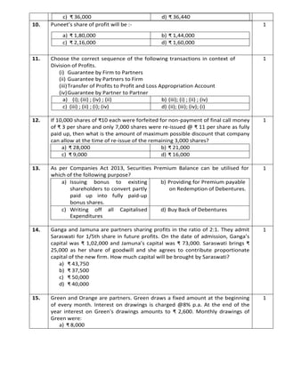 c) ₹ 36,000 d) ₹ 36,440
10. Puneet’s share of profit will be :- 1
11. Choose the correct sequence of the following transactions in context of
Division of Profits.
(i) Guarantee by Firm to Partners
(ii) Guarantee by Partners to Firm
(iii)Transfer of Profits to Profit and Loss Appropriation Account
(iv)Guarantee by Partner to Partner
1
12. If 10,000 shares of ₹10 each were forfeited for non-payment of final call money
of ₹ 3 per share and only 7,000 shares were re-issued @ ₹ 11 per share as fully
paid up, then what is the amount of maximum possible discount that company
can allow at the time of re-issue of the remaining 3,000 shares?
1
13. As per Companies Act 2013, Securities Premium Balance can be utilised for
which of the following purpose?
1
14. Ganga and Jamuna are partners sharing profits in the ratio of 2:1. They admit
Saraswati for 1/5th share in future profits. On the date of admission, Ganga’s
capital was ₹ 1,02,000 and Jamuna’s capital was ₹ 73,000. Saraswati brings ₹
25,000 as her share of goodwill and she agrees to contribute proportionate
capital of the new firm. How much capital will be brought by Saraswati?
a) ₹ 43,750
b) ₹ 37,500
c) ₹ 50,000
d) ₹ 40,000
1
15. Green and Orange are partners. Green draws a fixed amount at the beginning
of every month. Interest on drawings is charged @8% p.a. At the end of the
year interest on Green's drawings amounts to ₹ 2,600. Monthly drawings of
Green were:
a) ₹ 8,000
1
a) ₹ 1,80,000 b) ₹ 1,44,000
c) ₹ 2,16,000 d) ₹ 1,60,000
a) (i); (iii) ; (iv) ; (ii) b) (iii); (i) ; (ii) ; (iv)
c) (iii) ; (ii) ; (i); (iv) d) (ii); (iii); (iv); (i)
a) ₹ 28,000 b) ₹ 21,000
c) ₹ 9,000 d) ₹ 16,000
a) Issuing bonus to existing
shareholders to convert partly
paid up into fully paid-up
bonus shares.
b) Providing for Premium payable
on Redemption of Debentures.
c) Writing off all Capitalised
Expenditures
d) Buy Back of Debentures
 