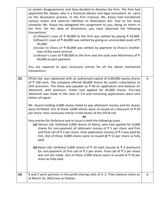 to certain disagreements and they decided to dissolve the firm. The firm had
appointed Ms. Kavya, who is a financial advisor and legal consultant, to carry
on the dissolution process. In the first instance, Ms. Kavya had transferred
various assets and external liabilities to Realisation A/c. Due to her busy
schedule; Ms. Kavya has delegated this assignment to you, being an intern in
her firm. On the date of dissolution, you have observed the following
transactions:
(i) Dhwani’s Loan of ₹ 50,000 to the firm was settled by paying ₹ 42,000.
(ii)Paavni’s Loan of ₹ 40,000 was settled by giving an unrecorded asset of ₹
45,000.
(iii) Loan to Charu of ₹ 60,000 was settled by payment to Charu’s brother
loan of the same amount.
(iv) Iknoor’s Loan of ₹ 80,000 to the firm and she took over Machinery of ₹
60,000 as part payment.
You are required to pass necessary entries for all the above mentioned
transactions.
23. OTUA Ltd. was registered with an authorised capital of 2,00,000 equity shares
of ₹ 100 each. The company offered 60,000 shares for public subscription at
25% premium. The share was payable as ₹ 40 on application and balance on
allotment, with premium. Public had applied for 85,000 shares. Pro-rata
allotment was made in the ratio of 5:4 and remaining applications were sent
letters of regret.
Mr. Anand holding 4,000 shares failed to pay allotment money and his shares
were forfeited. Out of these 3,000 shares were re-issued at a discount of ₹ 20
per share. Pass necessary entries in the books of the OTUA Ltd.
Or
Pass entries for forfeiture and re-issue in both the following cases.
(a) Vikram Ltd. forfeited 5,000 shares of Rahul, who had applied for 6,000
shares for non-payment of allotment money of ₹ 5 per share and first
and final call of ₹ 2 per share. Only application money of ₹ 3 was paid by
him. Out of these 3,000 shares were re-issued @ ₹ 12 per share as fully
paid.
(b) Ratan Ltd. forfeited 3,000 shares of ₹ 10 each (issued at ₹ 2 premium)
for non-payment of first call of ₹ 2 per share. Final call of ₹ 3 per share
was not yet made. Out of these 2,000 shares were re-issued at ₹ 10 per
share as fully paid.
6
24. X and Y were partners in the profit-sharing ratio of 3: 2. Their balance sheet as
at March 31, 2022 was as follows:
6
 