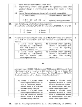 (i) Quick Ratio can be more than Current Ratio.
(ii) High Inventory Turnover ratio is good for the organisation, except when
goods are bought in small lots or sold quickly at low margins to realise
cash.
(iii) Sum of Operating Ratio and Operating Profit ratio is always 100%.
a) All are correct. b) Only (i) and (iii) are correct.
c) Only (ii) and (iii) are
correct.
d) Only (i) and (ii) are correct
28. From the following calculate Interest coverage ratio 1
Net profit after tax Rs 12,00,000; 10% debentures Rs 1,00,00,000; Tax Rate 40%
a) 1.2 times b) 3 times
c) 2 times d) 5 times
29. Insurance Claim received by Albert Co. Ltd. of ₹ 5,00,000 for Loss of Machinery 1
due to theft will be recorded in Cash Flow Statement in which of the following
manner?
a) Added under Operating
Activities as Extraordinary
Item and Subtracted from
Operating Activities also.
b) Subtracted under Operating
Activities as Extraordinary Item
and Added to Operating
Activities also.
c) Added under Operating
Activities as Extraordinary
Item and Outflow under
Investing Activity also.
d) Subtracted under Operating
Activities as Extraordinary Item
and Inflow under Investing
Activities also.
Or
A company issued 20,000; 9% Debentures of ₹ 100 each at 10% Discount. These
debentures were to be redeemed at 15% Premium at the end of 5 years. The
balance in Securities Premium Account as on the date of Issue was ₹ 3,70,000.
How this transaction will be reflected in Cash Flow Statement?
a) Added ₹ 1,30,000 under
Operating Activities as Loss on
Issue of Debentures written
off and Inflow of ₹ 20,00,000
under Financing Activities.
b) Added ₹ 5,00,000 under
Operating Activities as Loss on
Issue of Debentures written
off and Inflow of ₹ 18,00,000
under Financing Activities.
c) Added ₹ 1,30,000 under
Operating Activities as Loss on
Issue of Debentures written
off and Inflow of ₹ 18,00,000
under Financing Activities.
d) Added ₹ 5,00,000 under
Operating Activities as Loss on
Issue of Debentures written
off and Inflow of ₹ 20,00,000
under Financing Activities.
30. From the following information find out the inflow of Cash by sale of Office 1
 