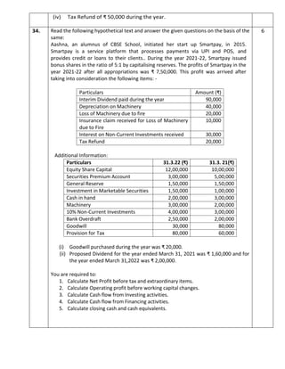 (iv) Tax Refund of ₹ 50,000 during the year.
34. Read the following hypothetical text and answer the given questions on the basis of the
same:
Aashna, an alumnus of CBSE School, initiated her start up Smartpay, in 2015.
Smartpay is a service platform that processes payments via UPI and POS, and
provides credit or loans to their clients.. During the year 2021-22, Smartpay issued
bonus shares in the ratio of 5:1 by capitalising reserves. The profits of Smartpay in the
year 2021-22 after all appropriations was ₹ 7,50,000. This profit was arrived after
taking into consideration the following items: -
Particulars Amount (₹)
Interim Dividend paid during the year 90,000
Depreciation on Machinery 40,000
Loss of Machinery due to fire 20,000
Insurance claim received for Loss of Machinery 10,000
due to Fire
Interest on Non-Current Investments received 30,000
Tax Refund 20,000
Additional Information:
Particulars 31.3.22 (₹) 31.3. 21(₹)
Equity Share Capital 12,00,000 10,00,000
Securities Premium Account 3,00,000 5,00,000
General Reserve 1,50,000 1,50,000
Investment in Marketable Securities 1,50,000 1,00,000
Cash in hand 2,00,000 3,00,000
Machinery 3,00,000 2,00,000
10% Non-Current Investments 4,00,000 3,00,000
Bank Overdraft 2,50,000 2,00,000
Goodwill 30,000 80,000
Provision for Tax 80,000 60,000
(i) Goodwill purchased during the year was ₹ 20,000.
(ii) Proposed Dividend for the year ended March 31, 2021 was ₹ 1,60,000 and for
the year ended March 31,2022 was ₹ 2,00,000.
You are required to:
1. Calculate Net Profit before tax and extraordinary items.
2. Calculate Operating profit before working capital changes.
3. Calculate Cash flow from Investing activities.
4. Calculate Cash flow from Financing activities.
5. Calculate closing cash and cash equivalents.
6
 