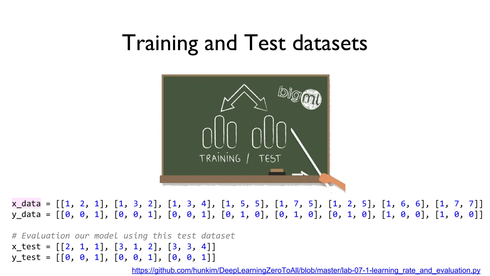 Training and Test datasets
x_data = [[1, 2, 1], [1, 3, 2], [1, 3, 4], [1, 5, 5], [1, 7, 5], [1, 2, 5], [1, 6, 6], [1, 7, 7]]
y_data = [[0, 0, 1], [0, 0, 1], [0, 0, 1], [0, 1, 0], [0, 1, 0], [0, 1, 0], [1, 0, 0], [1, 0, 0]]
# Evaluation our model using this test dataset
x_test = [[2, 1, 1], [3, 1, 2], [3, 3, 4]]
y_test = [[0, 0, 1], [0, 0, 1], [0, 0, 1]]
https://github.com/hunkim/DeepLearningZeroToAll/blob/master/lab-07-1-learning_rate_and_evaluation.py
 