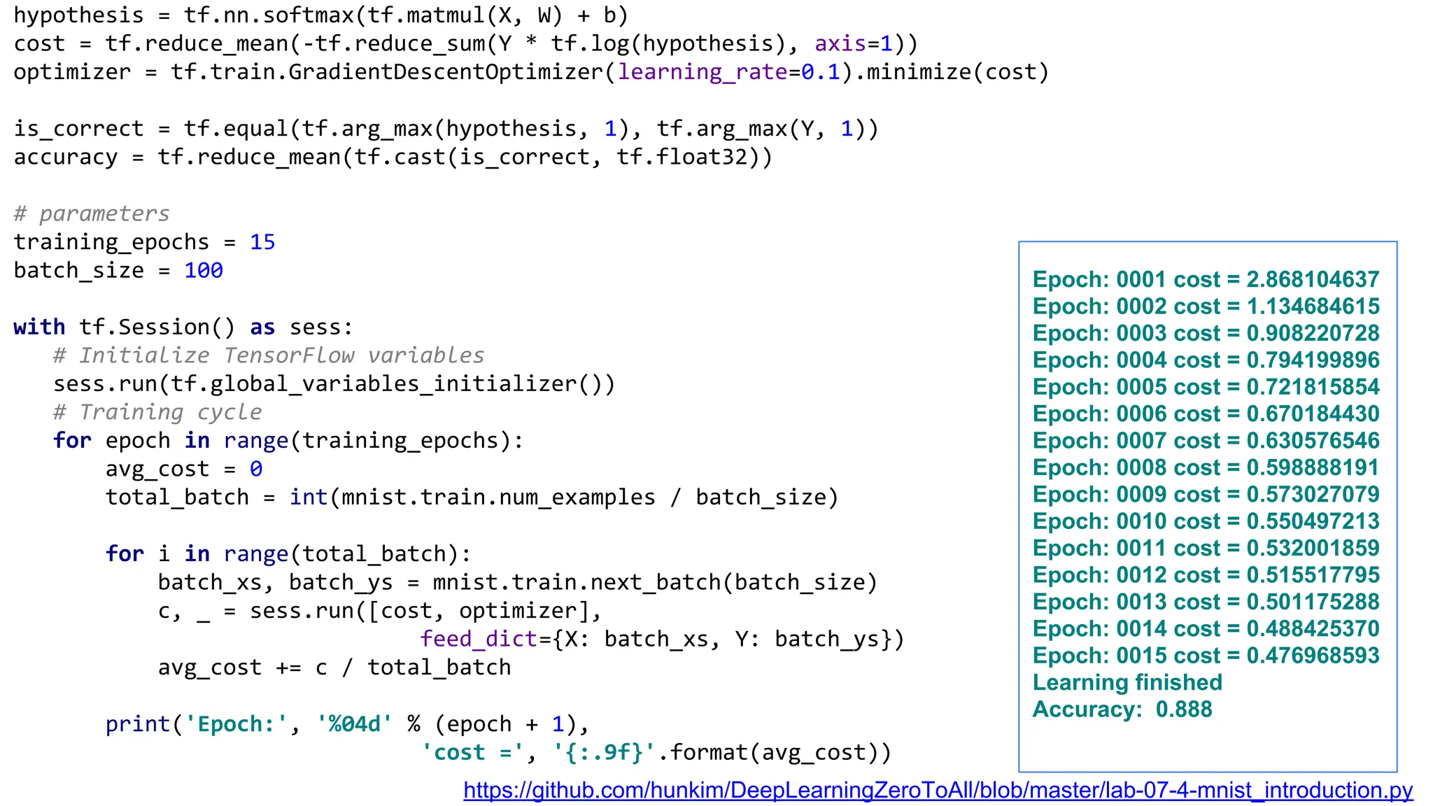 hypothesis = tf.nn.softmax(tf.matmul(X, W) + b)
cost = tf.reduce_mean(-tf.reduce_sum(Y * tf.log(hypothesis), axis=1))
optimizer = tf.train.GradientDescentOptimizer(learning_rate=0.1).minimize(cost)
is_correct = tf.equal(tf.arg_max(hypothesis, 1), tf.arg_max(Y, 1))
accuracy = tf.reduce_mean(tf.cast(is_correct, tf.float32))
# parameters
training_epochs = 15
batch_size = 100
with tf.Session() as sess:
# Initialize TensorFlow variables
sess.run(tf.global_variables_initializer())
# Training cycle
for epoch in range(training_epochs):
avg_cost = 0
total_batch = int(mnist.train.num_examples / batch_size)
for i in range(total_batch):
batch_xs, batch_ys = mnist.train.next_batch(batch_size)
c, _ = sess.run([cost, optimizer],
feed_dict={X: batch_xs, Y: batch_ys})
avg_cost += c / total_batch
print('Epoch:', '%04d' % (epoch + 1),
'cost =', '{:.9f}'.format(avg_cost))
Epoch: 0001 cost = 2.868104637
Epoch: 0002 cost = 1.134684615
Epoch: 0003 cost = 0.908220728
Epoch: 0004 cost = 0.794199896
Epoch: 0005 cost = 0.721815854
Epoch: 0006 cost = 0.670184430
Epoch: 0007 cost = 0.630576546
Epoch: 0008 cost = 0.598888191
Epoch: 0009 cost = 0.573027079
Epoch: 0010 cost = 0.550497213
Epoch: 0011 cost = 0.532001859
Epoch: 0012 cost = 0.515517795
Epoch: 0013 cost = 0.501175288
Epoch: 0014 cost = 0.488425370
Epoch: 0015 cost = 0.476968593
Learning finished
Accuracy: 0.888
https://github.com/hunkim/DeepLearningZeroToAll/blob/master/lab-07-4-mnist_introduction.py
 