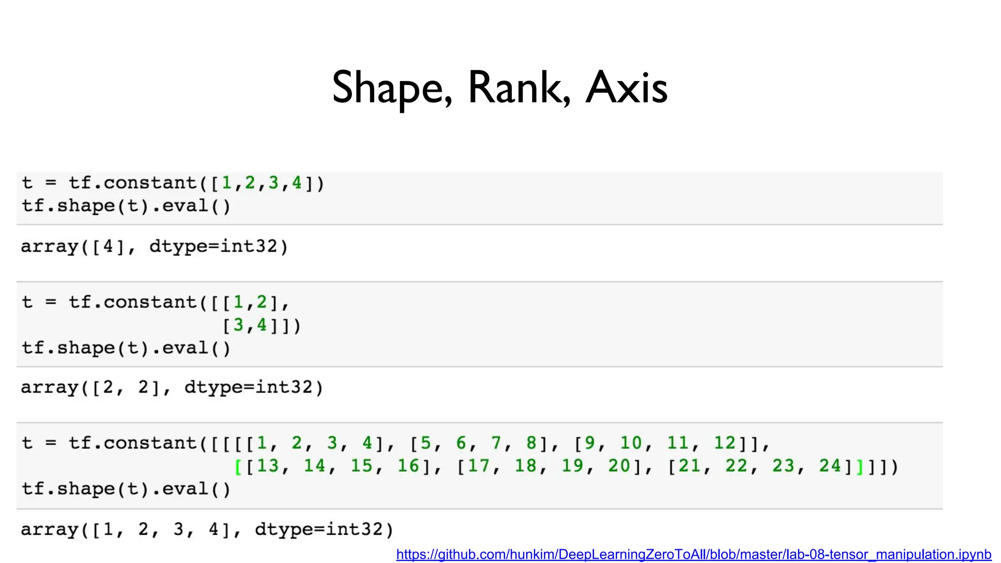 Shape, Rank, Axis
https://github.com/hunkim/DeepLearningZeroToAll/blob/master/lab-08-tensor_manipulation.ipynb
 