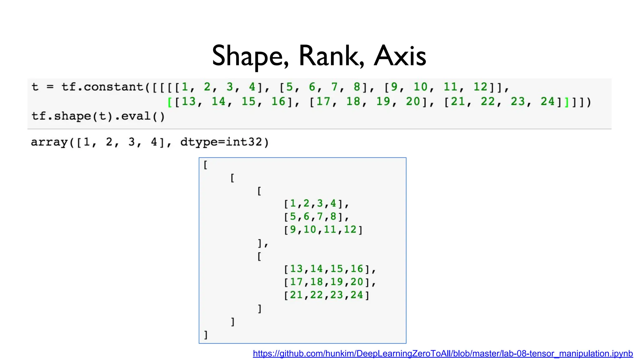 Shape, Rank, Axis
https://github.com/hunkim/DeepLearningZeroToAll/blob/master/lab-08-tensor_manipulation.ipynb
 