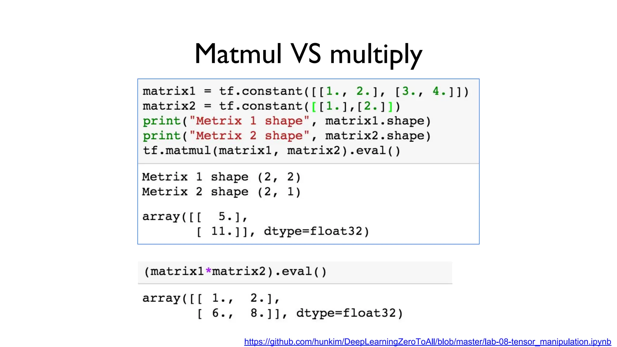 Matmul VS multiply
https://github.com/hunkim/DeepLearningZeroToAll/blob/master/lab-08-tensor_manipulation.ipynb
 