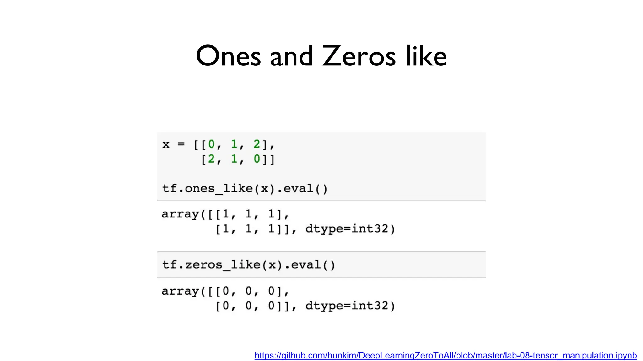 Ones and Zeros like
https://github.com/hunkim/DeepLearningZeroToAll/blob/master/lab-08-tensor_manipulation.ipynb
 